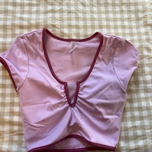 Altar’d State Pink Short Sleeve Scoop Crop Top with Contrast Trim